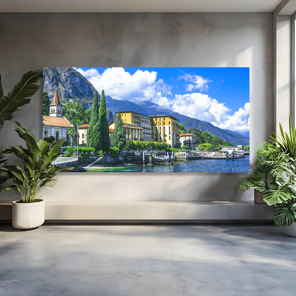 Tablou canvas cu peisaj urban pe malul lacului, fara rama, pe sasiu de lemn